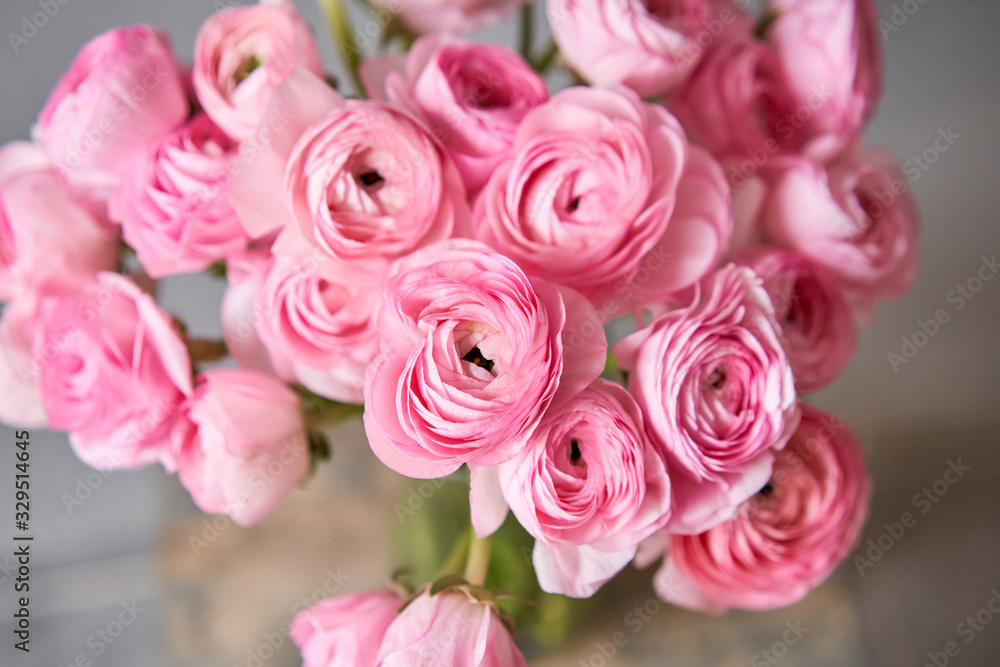 Obraz premium Spring background, flower Wallpaper. Persian buttercup. Bunch pink ranunculus flowers on light gray background. Vase on vintage wooden table. Wallpaper