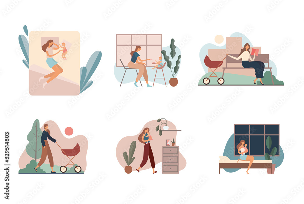 Mother taking care of baby. Flat vector illustration