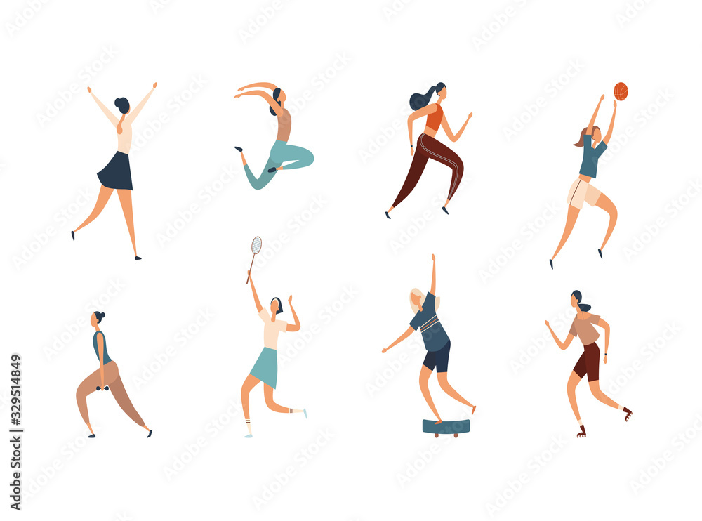 Women doing various sport activities. Flat vector illustration