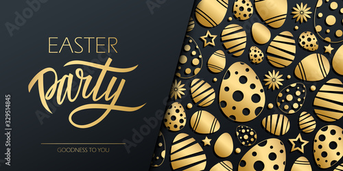 Easter Party celebrate banner with hand lettering and golden colored easter eggs on black background. Vector illustration.