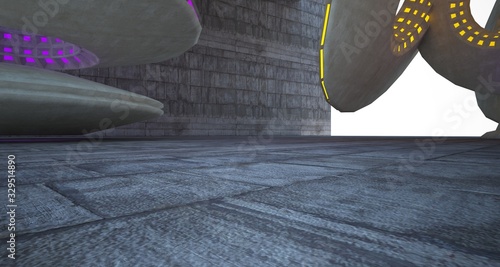 Architectural background. Abstract concrete interior with discs.Colored gradient neon lighting. 3D illustration and rendering.