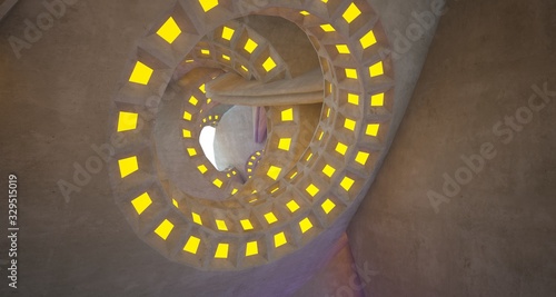 Architectural background. Abstract concrete interior with discs.Colored gradient neon lighting. 3D illustration and rendering.