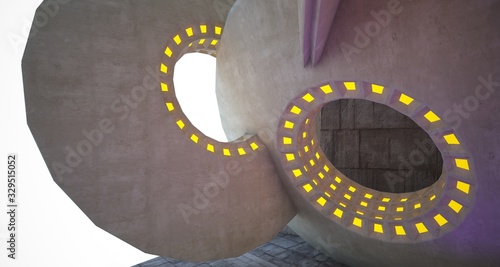 Architectural background. Abstract concrete interior with discs.Colored gradient neon lighting. 3D illustration and rendering.