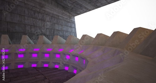 Architectural background. Abstract concrete interior with discs.Colored gradient neon lighting. 3D illustration and rendering.