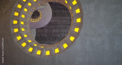 Architectural background. Abstract concrete interior with discs.Colored gradient neon lighting. 3D illustration and rendering.
