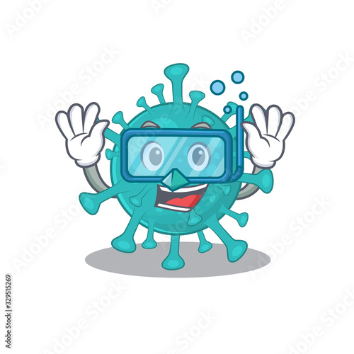 A cartoon picture featuring corona zygote virus wearing Diving glasses