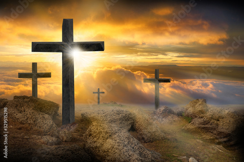 Photography Cross, crucifixion, jesus, christ, easter, on a mountain with a sunset backgroun