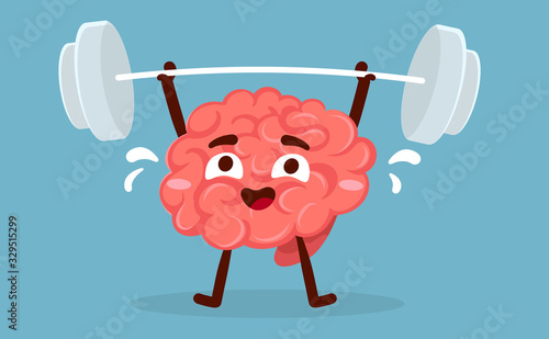 Vector creative illustration of strong pink human brain character with sweat lifting barbell on blue background.