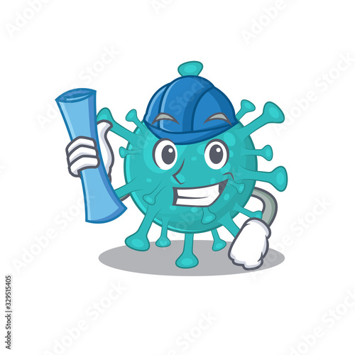 Smiling Architect of corona zygote virus having blue prints and blue helmet