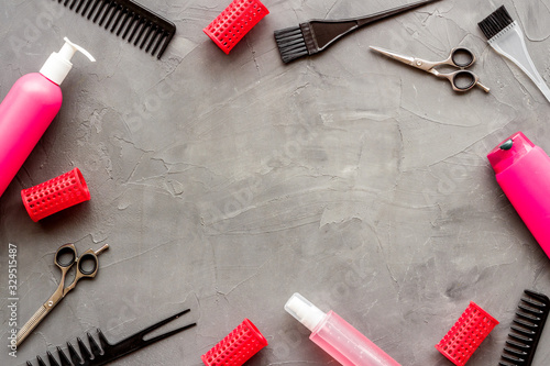 Hairdressing mockup - with brush, spray and sciccors - on grey background top-down frame copy space