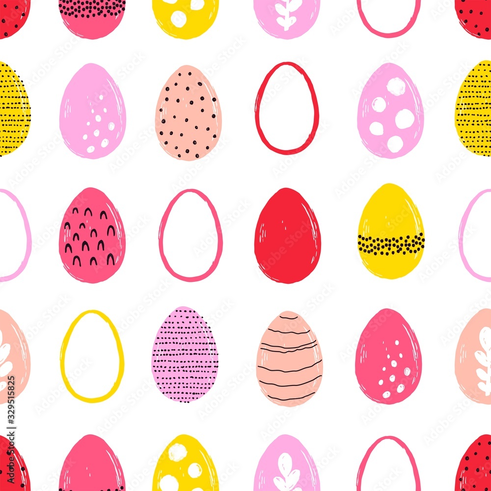 Easter eggs seamless composition. Doodle pattern with holiday bright colorful symbols and dots design on white background. Vector illustration for wrapping paper, textile or cover.