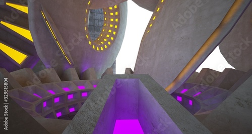 Architectural background. Abstract concrete interior with discs.Colored neon lighting. 3D illustration and rendering.