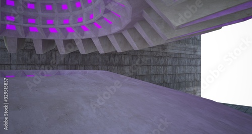 Architectural background. Abstract concrete interior with discs.Colored neon lighting. 3D illustration and rendering.