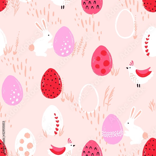 Easter eggs, rabbits and hens in seamless composition. Doodle cute pattern with holiday symbols. Vector illustration for wrapping paper, textile or cover.