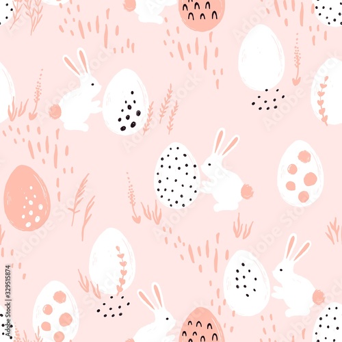 Easter eggs and rabbits in seamless composition. Doodle pattern with holiday symbols. Vector illustration for wrapping paper, textile or cover.