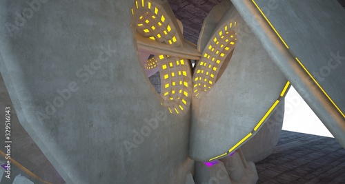 Architectural background. Abstract concrete interior with discs.Colored neon lighting. 3D illustration and rendering.