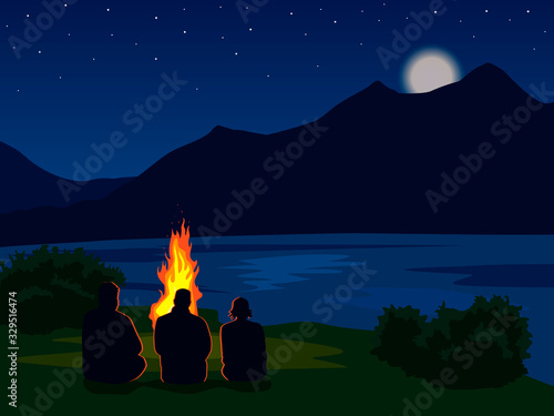 landscape with silhouettes of mountains, lake, river and stars in the sky. Night mountain landscape with silhouettes of people around the fire. Vector illustration for hike, track, camp
