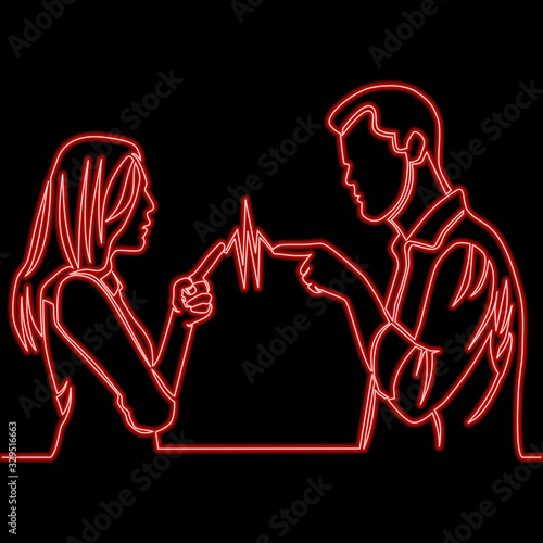 Continuous line couple fighting neon concept