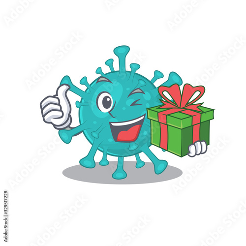 Smiley corona zygote virus cartoon character having a gift box
