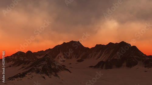 Winter mountain landscape with cloudy sky at sunset. Digitally generated image.