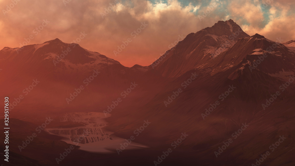 Rugged snowy mountain landscape during cloudy sunset. Digitally generated image.