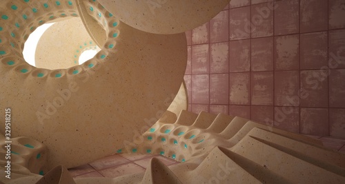 Abstract architectural background. Rusted metal interior with concrete  discs . 3D illustration and rendering.