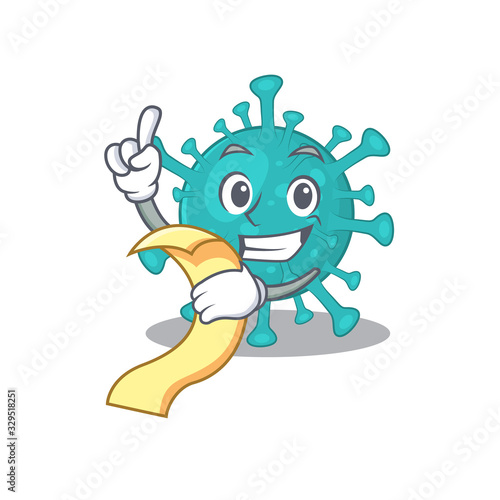 cartoon character of corona zygote virus holding menu ready to serve