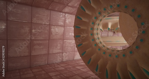 Abstract architectural background. Rusted metal interior with concrete  discs . 3D illustration and rendering.