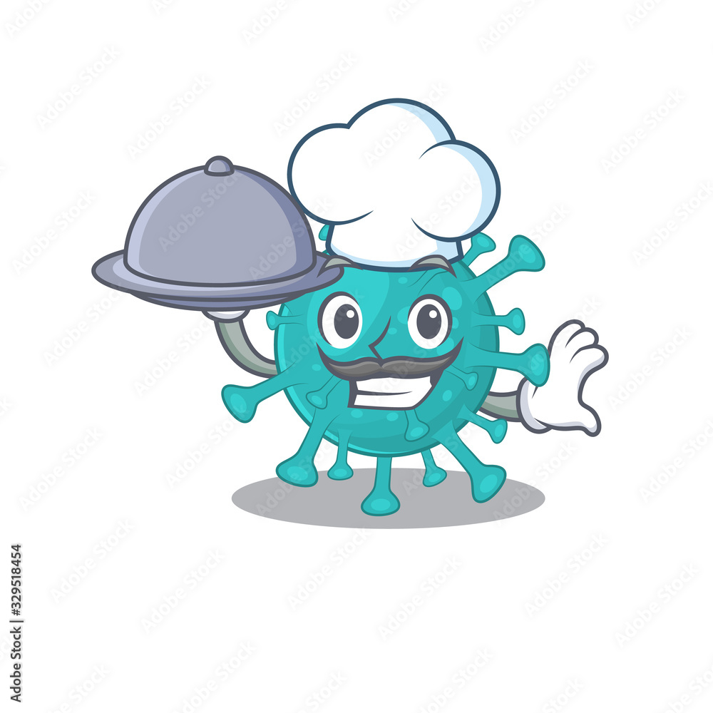 Corona zygote virus as a chef cartoon character with food on tray Corona zygote virus as a chef cartoon character with food on tray