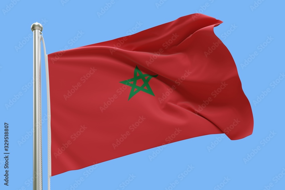 Fototapeta premium Flag of Morocco On Flagpole Waving in the Wind. Isolated On Blue Sky Background. 3D Rendering.