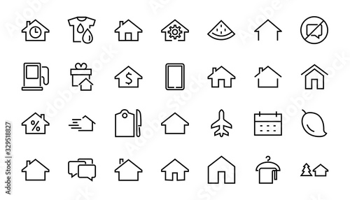 Simple set of line vector home icons. Contains house symbols at interest  infuse house and more. Editable stroke. 480x480 pixels perfect