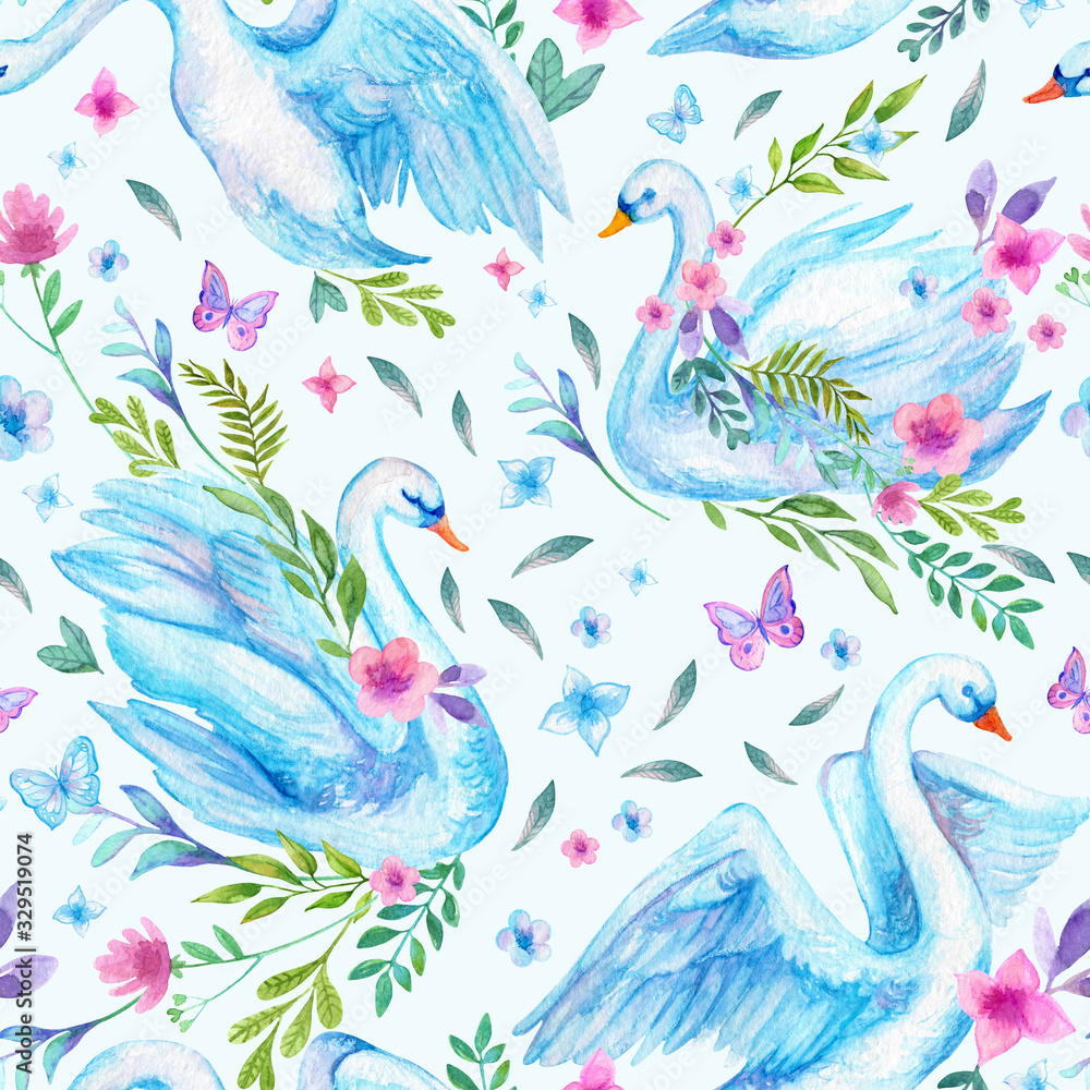 Fototapeta premium Watercolor cute swan lake seamless pattern