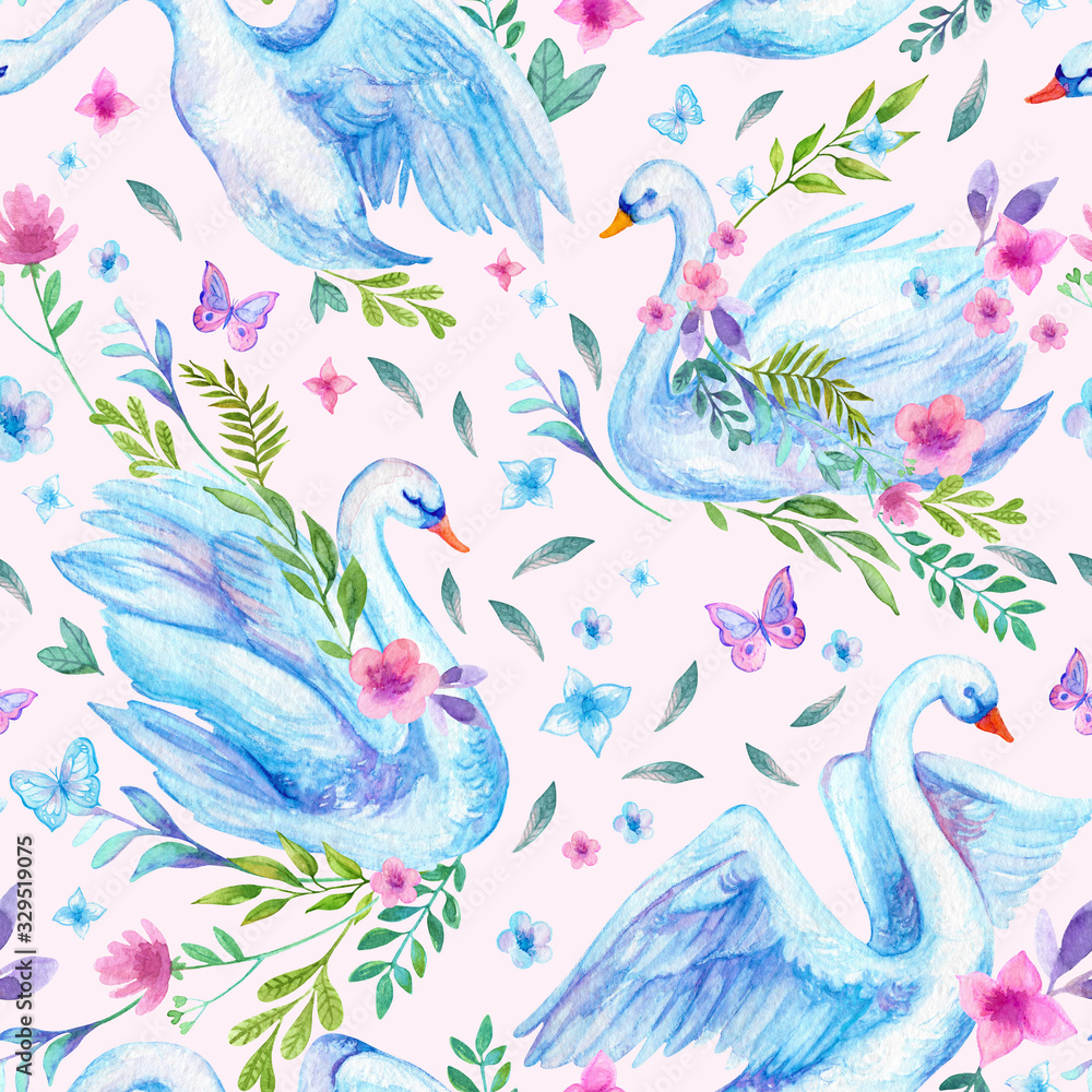 Watercolor cute swan lake seamless pattern