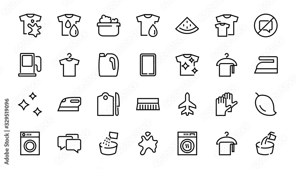 Simple set of washing related vector line Icons. Contains icons such as washing machine, powder, laundry, dirty t-shirt and much more. On a white background, editable stroke. 48x48 pixels perfect Simple set of washing related vector line Icons. Contains icons such as washing machine, powder, laundry, dirty t-shirt and much more. On a white background, editable stroke. 48x48 pixels perfect