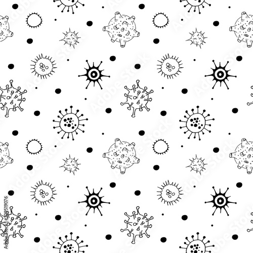 Viruses and bacteria doodle pattern. Seamless backdrop. Microbiology vector bacterial cells on transparent background
