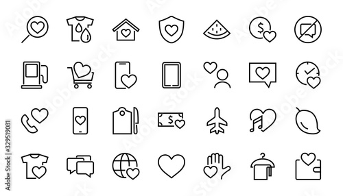 The set of icons about love contains such icons as love of music, declaration of love, heart, favorite home, Linear set. Vector on a white background. Editable stroke. 480x480