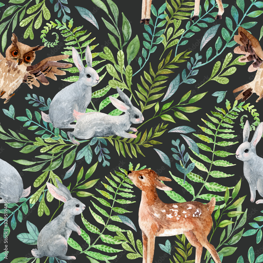Fototapeta Watercolor baby deer, owl, little rabbits on wild herbs and flowers background