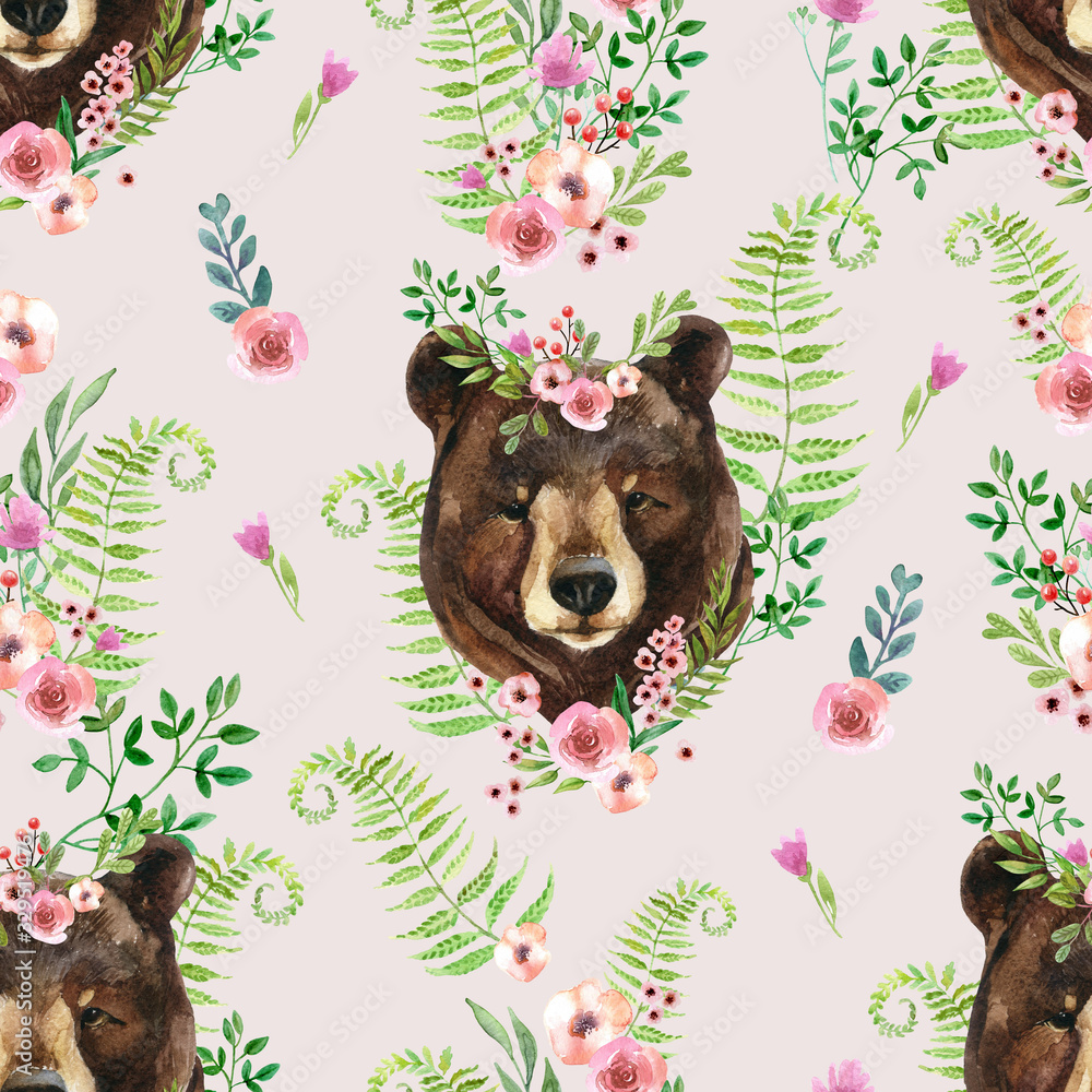 Fototapeta premium Cute watercolor bear portrait in floral wreath on wild flowers background