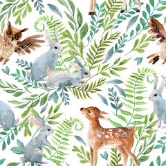 Fototapete Rehkitz-Muster Reh Eule Hasen Wildblumen Aquarell  © Tanya Syrytsyna