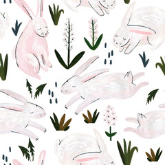 Crédence de cuisine Lapin patrons Woodland wildlife seamless pattern with cute animals, spring concept  © Tanya Syrytsyna