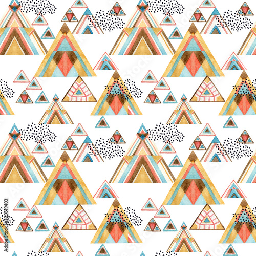 Abstract geometric seamless pattern with watercolor triangles in patchwork st...