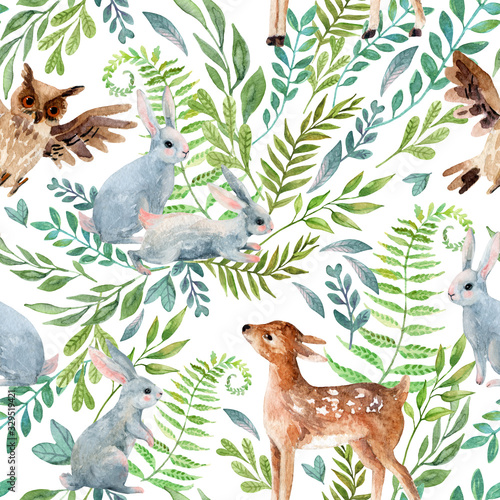 Watercolor baby deer, owl, little rabbits on wild herbs and flowers background