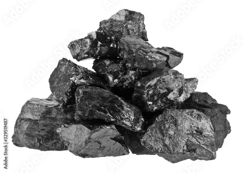 Murais de parede Pile of coal isolated on a white background close-up.