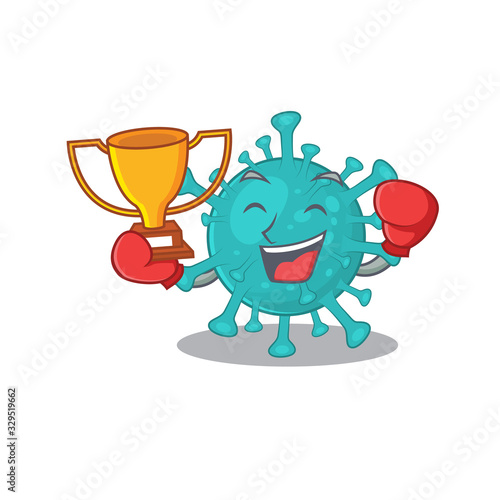 Happy face of boxing winner corona zygote virus in mascot design style