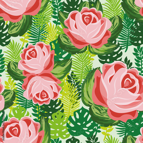 Roses flowers seamless green leaves background