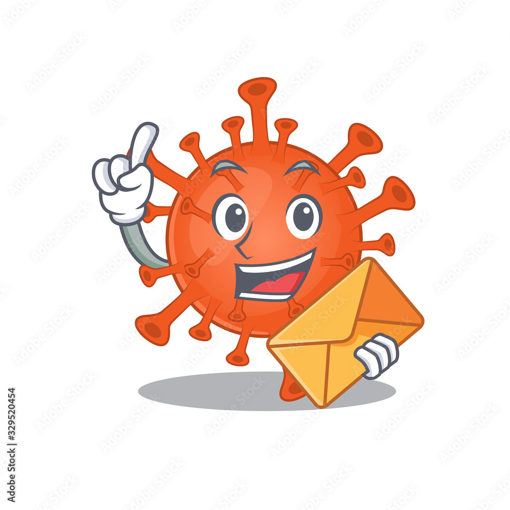 Cute face deadly corona virus mascot design with envelope