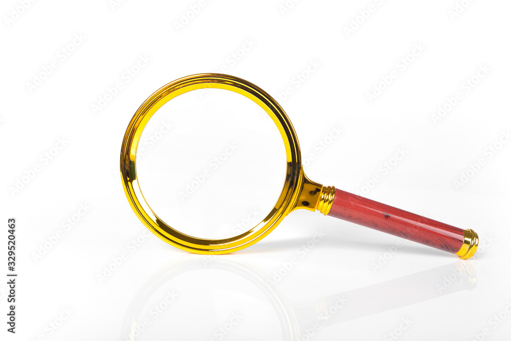 golden magnifier on white paper background golden magnifier on white paper background