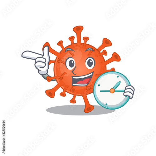Cheerful deadly corona virus cartoon character style with clock