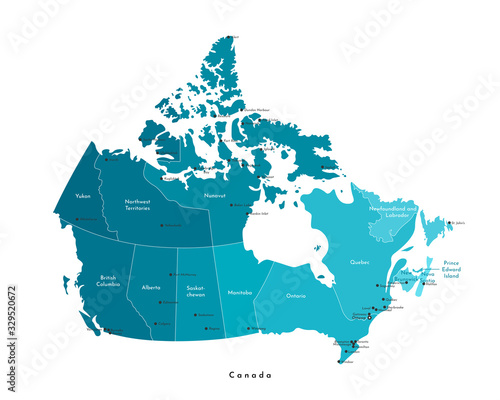 Vector modern illustration. Simplified isolated administrative map of Canada in blue colors. White background and outline. Names of the cities (Ottawa, Toronto and etc.) and provinces.