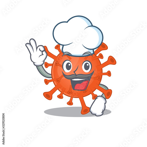 Cute deadly corona virus cartoon character wearing white chef hat